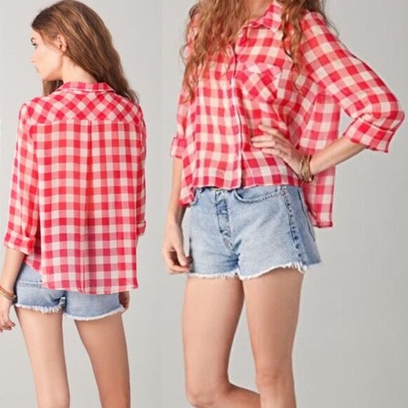 Free People Red Gingham Plaid Semi Sheer Flowy Button Front Shirt Size S Airy - Picture 2 of 15